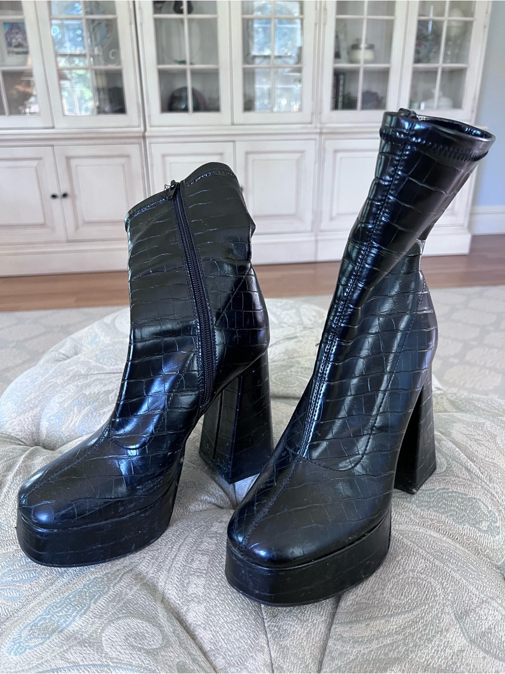 Black Croc-Embossed Platform Ankle Boots